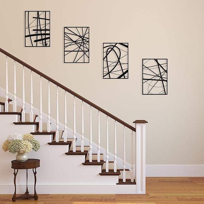 Art3dwallpanels Black Abstract Wall Art, Metal Single Line Art Wall Decor, 3D Textured Sculptures, Modern Decor for Living Room Bedroom Bathroom Study, 17'' x 12'', 4 Pack