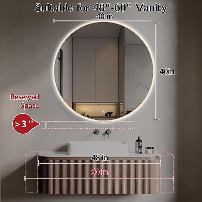 Niccy 40" LED Backlit Round Mirror for Bathroom, Gold Framed Vanity Light Wall Mirror, LED Smart Circle Mirrors with 3 Lighting Colors, Round Lighted Mirror with Anti-Fog, IP65 Waterproof