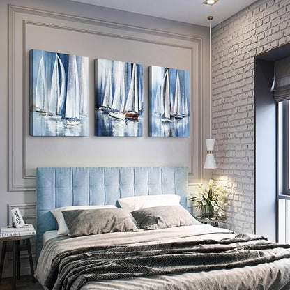 3 Piece Framed Canvas Wall Art For Living Room Bathroom Bedroom Wall Art Decor Ocean Landscape Sailboat Abstract Canvas Painting Ready To Hang Office Home Decoration Sea Poster Pictures Wall Artworks