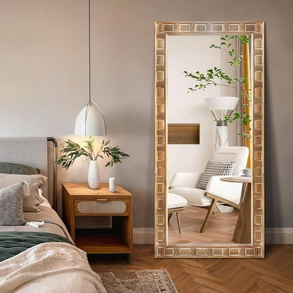 POZINO Full Length Mirror with Solid Wood Frame, 65"X30" Farmhouse Wooden Floor Mirror for Dressing, Large Rustic Rectangle Wall Mirrors for Living Room Bathroom Bedroom, Horizontal Or Vertical
