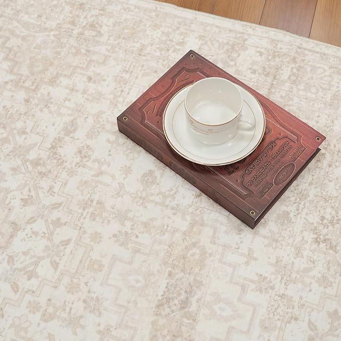 3x6 Washable Entryway Runner Rug – Non-Slip Wide Carpet Runner for Kitchen Hallway Bathroom, Neutral Vintage Distressed Low Pile Indoor Door Mat (Ivory Beige)
