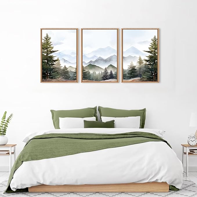 KAIRNE Misty Mountain Landscape Framed Canvas Wall Art Set, Nature Forest Wall Decor, Green Pine Tree Art Prints, Modern Foggy Woodland Artwork for Living Room,Bedroom,Farmhouse,Office-24 x36 x3