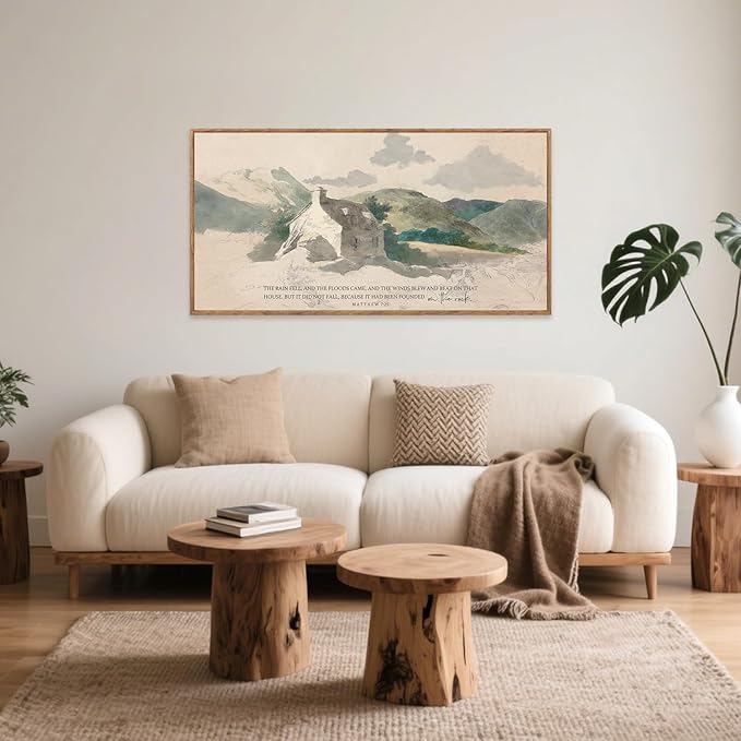Aurlan House Built on the Rock Matthew 7:25 Wall Art(40"x20"), Boho Jesus Christian Bible Verse Scripture Canvas Artwork, Large Vintage Abstract Mountain Nature Landscape Decor for Home Dining Room Christ Gift