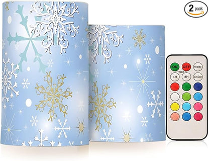 Christmas Lights Decorations Flameless Candles Christmas Silver Snowflake Pillar Candles Set of 2 Battery Operated Remote Control Warm Lights