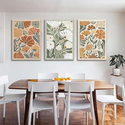 KISSFOX Framed Canvas Wall Art Abstract Floral Botanical Print Set of 3 Green Beige Wildflower Flower Market Paintings Boho Modern Minimalist Pictures Decor Bedroom Bathroom Living Room 16"x24"