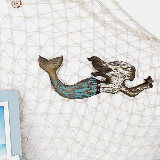 Veclotch Wood Mermaid Nautical Beach Wall Decor, Rustic Mermaid Wooden Hanging Coastal Wall Art Sculpture for Home, Lake House, Ocean Bathroom Decor, White,brown,aqua