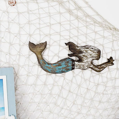 Morning View Wooden Mermaid Wall Decor Nautical Decoration Hanging Mermaid Plaque Large Wall Art Rustic Coastal Beach Ocean Sea for Bathroom Decor Home House 17X6.5 Inches (Teal)