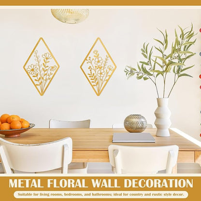 PullCrease 2 Pcs Metal Wall Art, Metal Flower Wall Decor, Modern Floral Art for Living Room, Bedroom, Bathroom, Rustic Farmhouse Decor, Sculpture Kitchen Decoration(Gold)