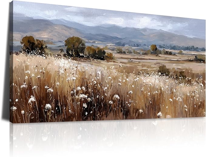 BQVCT Rustic Landscape Canvas Wall Art 24x48 Inch Field with Wildflowers and Mountains Giclee Print on Stretched Canvas, Nature Scenery Wall Decor for Living Room, Bedroom, Office