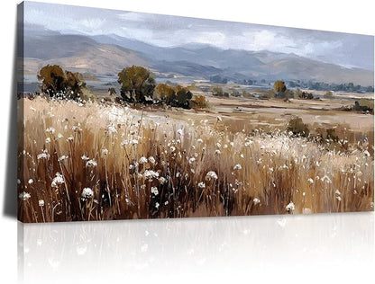 BQVCT Rustic Landscape Canvas Wall Art 24x48 Inch Field with Wildflowers and Mountains Giclee Print on Stretched Canvas, Nature Scenery Wall Decor for Living Room, Bedroom, Office