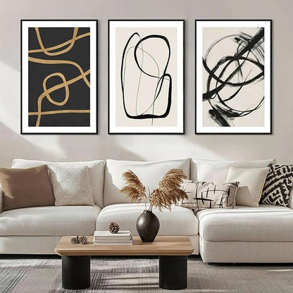 SAFERRYHOME Abstract Graffiti Framed Black and White Black and Gold Wall Art Canvas Prints, Modern Sketches Street Art Decor for Living Room, Home Office, Dining Room, Loft - 3 Pieces 24x36 Inch