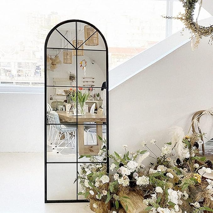 65×22" Arched Window Finished Full Length Mirror, Wall Mirror with Metal Frame, Home Decor Windowpane Mirror, Wall Mounted or Leaning, No Stand - Black