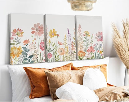 Watercolor Wildflower Wall Art Decor Colorful Flower Pictures Canvas Floral Botanical Wall Art Vintage Prints Poster Floral Painting Artwork for Living Room Bedroom 12x16 Inch Framed Set of 3