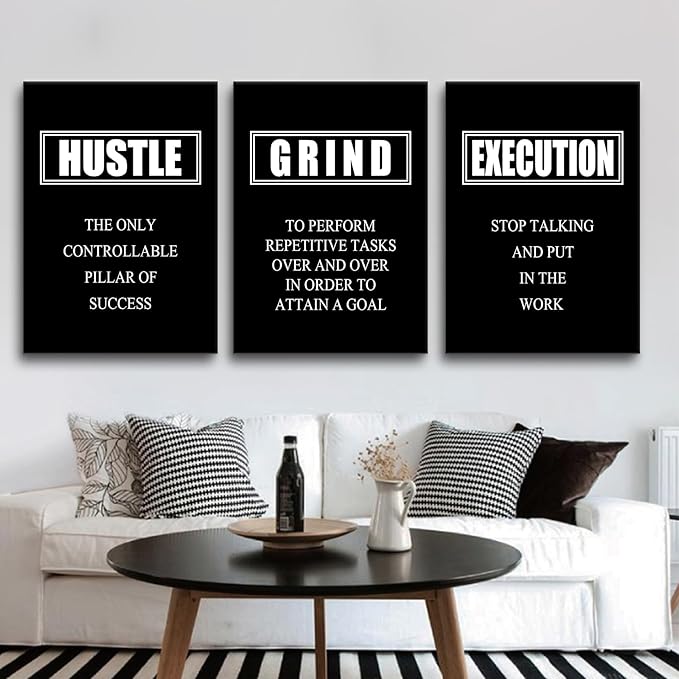 Motivational Poster Grind Hustle Execution Inspirational Wall Art Painting 3 Pieces Canvas Print Office Decor Inspiring Quotes Framed Artwork Home Living Room Decoration Ready to Hang [60''W x 28''H]