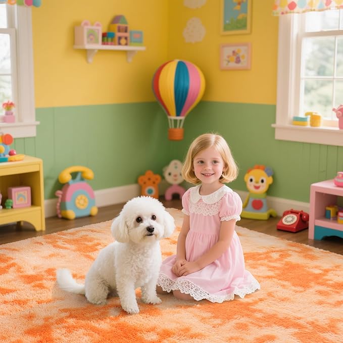 Mottling Orange Fluffy Rug Shag Area Rug, 4x6 Area Rugs for Girls Bedroom, Soft Cute Baby Play Mat, Indoor Floor Carpet for Teen, Nursery, Preppy Dorm, Plush Aesthetic Bedside Rug
