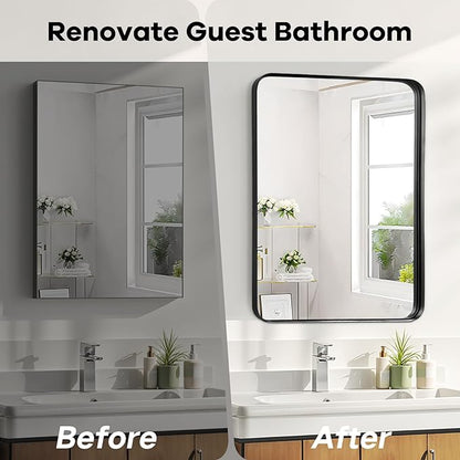 Black Wall Mirror for Bathroom - 28x36 Inch Black Vnaity Wall Mirror Over Sink, Metal Matte Framed Mirrors for Restroom Farmhouse, Hallway Home Office, Hanging Vertically or Horizontally