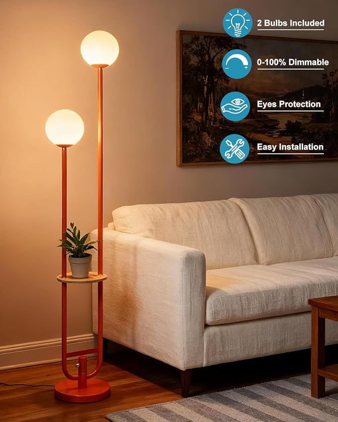 Lightdot 63IN Orange Floor Lamp 2 Globe Mid Century Standing Lamps with Bulbs Included Unique Vintage Dimmable Tall Floor Lamp with 5Lbs Heavy Base for Living Room/Wedding/Sofa Beside/Corner Decor
