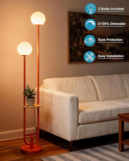 Lightdot 63IN Orange Floor Lamp 2 Globe Mid Century Standing Lamps with Bulbs Included Unique Vintage Dimmable Tall Floor Lamp with 5Lbs Heavy Base for Living Room/Wedding/Sofa Beside/Corner Decor
