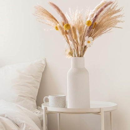 White Tall Ceramic Vase, Modern Matte Vertical Ribbed, Nordic Minimalist for Pampas, Dried & Fresh Flowers, Home Decor for Living Room, Coffee Table, Bookshelf, Entryway, Farmhouse
