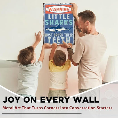 Sharks Vintage Sign Little Sharks Brush Teeth Metal Tin Sign Great Bathroom Decor for Kids Restroom and Wall Art Home 12x16inch