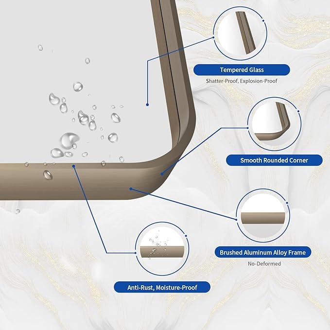 WEER 20x30 Inch Bronze Bathroom Mirror for Vanity, Brushed Bronze Metal Frame Mirror for Wall, Rounded Rectangle Bronze Frame Mirror with Tempered Glass, Anti-Rust (Horizontal/Vertical)