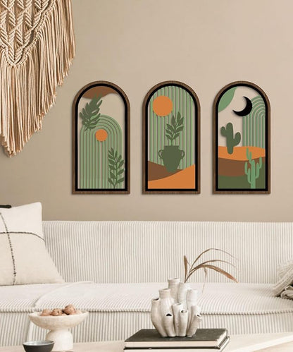 Putuo Decor Boho Wall Decor with Cactus, Modern Wooden Minimalist Wall Decor, Abstract Green Room Decorations 16x8 In Mid Century Artwork for Living Room Bedroom Office in Desert Green Set of 3