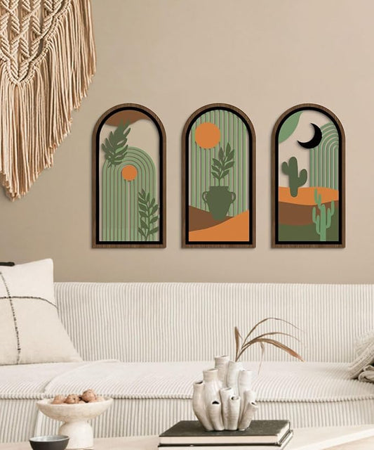 Putuo Decor Boho Wall Decor with Cactus, Modern Wooden Minimalist Wall Decor, Abstract Green Room Decorations 16x8 In Mid Century Artwork for Living Room Bedroom Office in Desert Green Set of 3