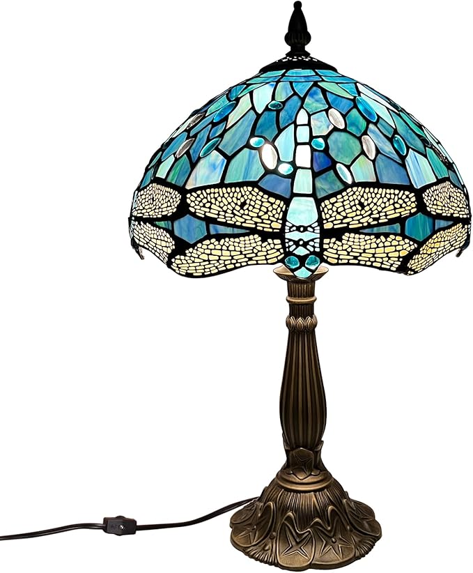 ARTZONE Tiffany Table Lamp[W12''xH20''], Tiffany Table Lights Antique Stained Glass Bedside Table Lamp for Bedside/Desk Reading/Living Room/Home Office/Bedroom(Dragonfly)