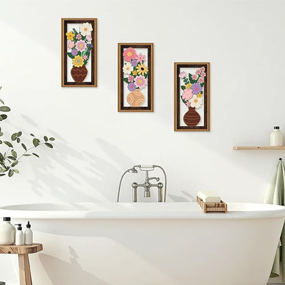 Celestdeco 3 Pcs Boho Flower Wall Decor,Boho Flower Wood Wall Art,Bohemian Floral Artwork Wooden,Pink Wildflower Wood Art Set,Flowers Potted Plant Bohemian Artwork for Living Room Bedroom Office