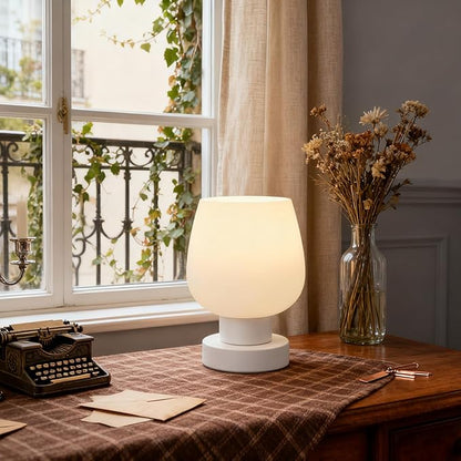 Touch Table Lamp with 3 Way Dimmable for Bedroom Nightlight Living Room, Modern Desk Lamp with LED Bulb, White Opal Glass Lamp Shade, Metal Base