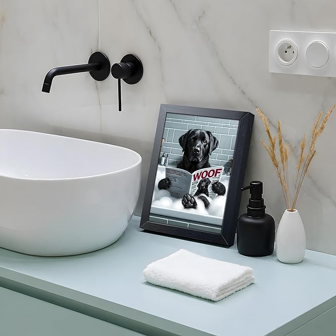 Framed Funny Dog Bathroom Canvas Wall Art, Black Labrador Reading Newspaper in Bathtub Poster Painting Print Picture, Humorous Animal Wall Decor for Modern Farmhouse Toilet Restroom Washroom 8x10 Inch