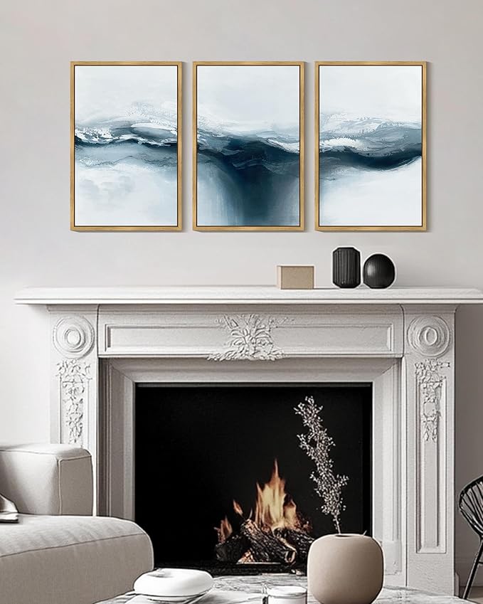PHOPAGO Blue Abstract Framed Wall Art Large 16x24in Ocean Landscape Wall Decor Modern Art Paints for Living Room Bedroom - Natural Framed