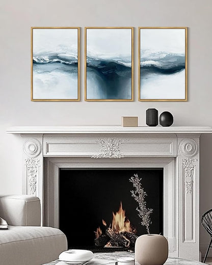 PHOPAGO Blue Abstract Framed Wall Art Large 16x24in Ocean Landscape Wall Decor Modern Art Paints for Living Room Bedroom - Natural Framed