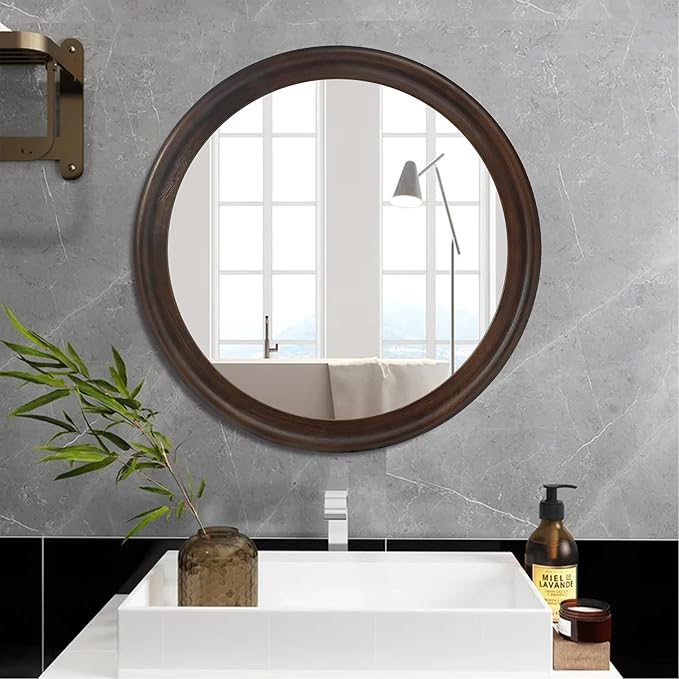 CULER Round Wall Mirrors 24 Inch,Wood Rustic Decorative Transitional Mirror with Walnut Frame for Wall,Farmhous Mirror for Bathroom Bedroom Living Room or Entryway（Dark Brown）