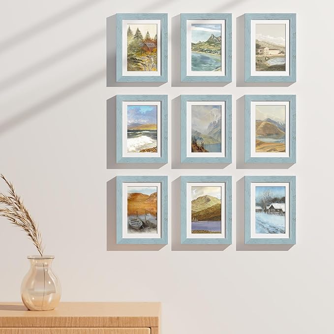 Vittanly 5x7 Picture Frames Set of 9, Display 4x6 Pictures with Mat or 5x7 without Mat, Photo Frames for Wall or Tabletop with Plexiglass, Engineered Wood, Rustic Blue