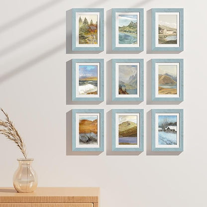 Vittanly 5x7 Picture Frames Set of 9, Display 4x6 Pictures with Mat or 5x7 without Mat, Photo Frames for Wall or Tabletop with Plexiglass, Engineered Wood, Rustic Blue