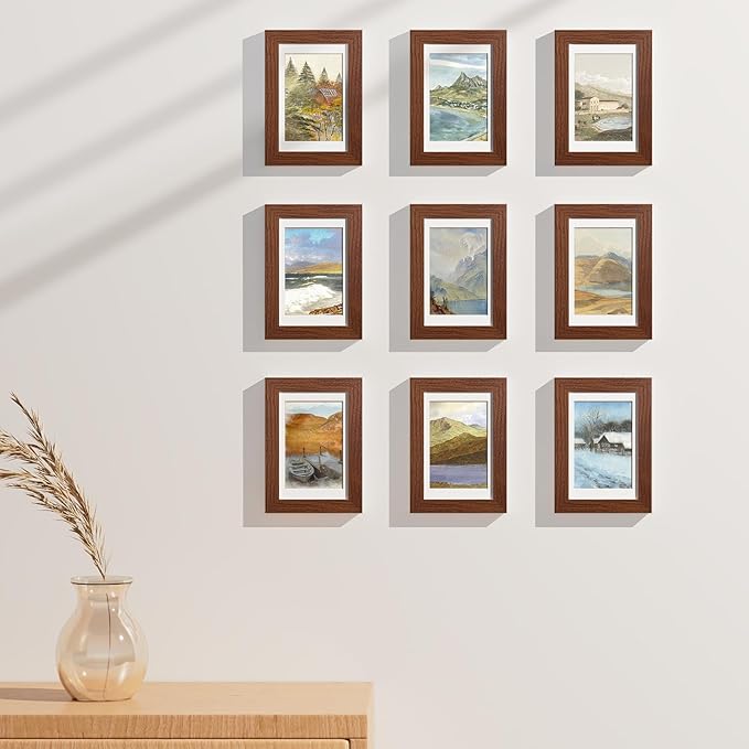 Vittanly 4x6 Picture Frames Set of 9, Display 3.5x5 Pictures with Mat or 4x6 without Mat, Photo Frames for Wall or Tabletop with Plexiglass, Engineered Wood, Wood Grain Brown