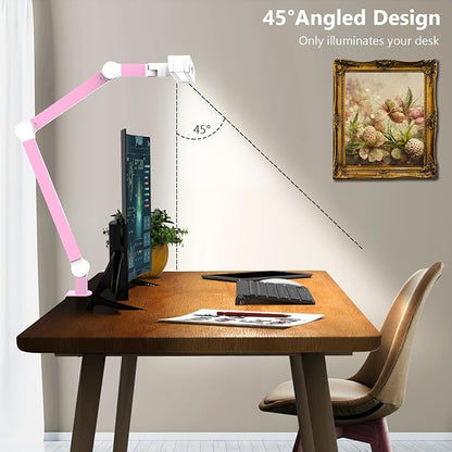 Micomlan Architect Desk Lamp for Home Office, Pink Desk Lamp with Clamp for Working, 24W Bright Rotatable Led Table Light Stepless Dimming Tempering Wide Computer Light for Crafting Puzzle Hobby
