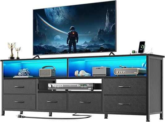 Furologee 63 Inch Entertainment Center Dresser for Bedroom, TV Stand for 65 70 Inch TVs, 6 Drawers Dresser with Power Outlets and LED Lights, Media Console with PU Leather Surface for Living Room
