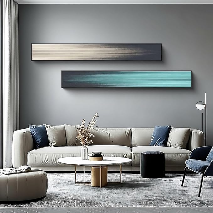 Large Framed Long Narrow Vertical Abstract Wall Art Set of 2, Premium Crystal Porcelain Canvas Prints, Teal Beige Modern Design - Perfect for Entryway, Hallway, Living Room, Bedroom - 10x63 inch