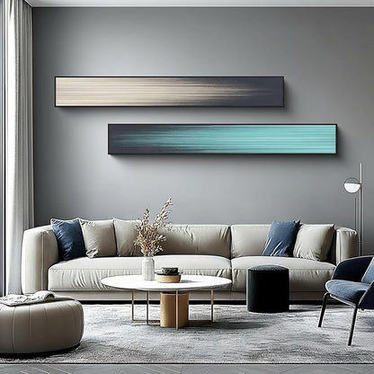 Large Framed Long Narrow Vertical Abstract Wall Art Set of 2, Premium Crystal Porcelain Canvas Prints, Teal Beige Modern Design - Perfect for Entryway, Hallway, Living Room, Bedroom - 10x63 inch