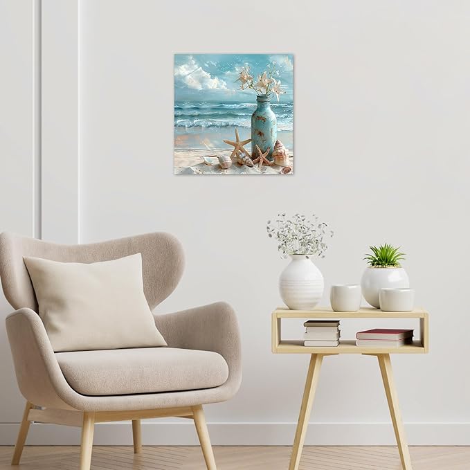 LB Coastal Starfish with White Flower in Vintage Vase on Teal Beach Scene Canvas Wall Art Decor for Living Room, Bedroom, Bathroom, Office - Framed Ready to Hang 12L x 12W