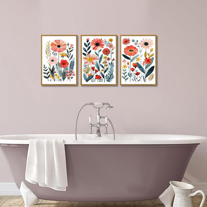 KISSFOX Colorful Wildflower Canvas Wall Art Set Of 3 Flowers Pictures Prints Flowers Printing Floral Watercolors Flower wall Decor Living Room Girls Bedroom Bathroom (Blue Orange, 12"x16" Natural Framed, Framed)