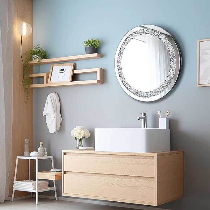 24 Inch Crushed Diamond Round Glass Wall Mirror, Bathroom Mirror, Wall Decoration Hanging Mirror, Suitable for Living Room, Bedroom, Vanity