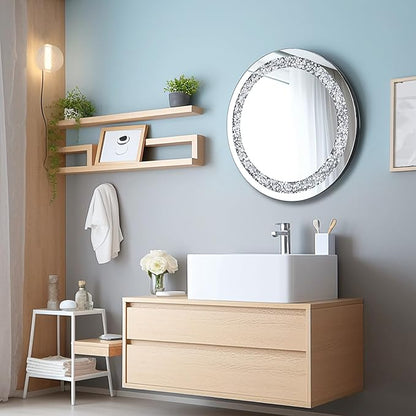 24 Inch Crushed Diamond Round Glass Wall Mirror, Bathroom Mirror, Wall Decoration Hanging Mirror, Suitable for Living Room, Bedroom, Vanity
