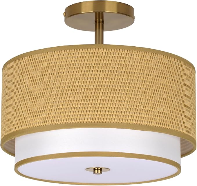 Vexagyle Boho Light Fixtures Woven Rattan-Style Flush Mount Ceiling Light, 12.6inch Closed to Ceiling Light Fixture with 2-Tier Drum Design for Bedrooms, Kitchen, Dining Room, Hallway