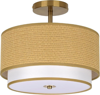 Vexagyle Boho Light Fixtures Woven Rattan-Style Flush Mount Ceiling Light, 12.6inch Closed to Ceiling Light Fixture with 2-Tier Drum Design for Bedrooms, Kitchen, Dining Room, Hallway