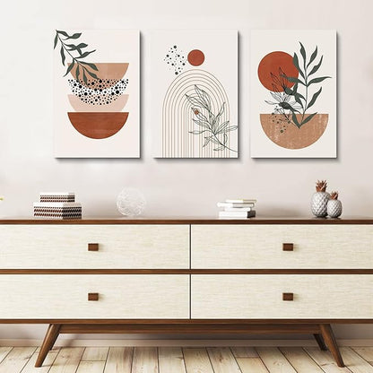 Boho Wall Art - Mid Century Modern Set of 3 Abstract Geometric Prints, Black Beige Terracotta, Framed Canvas Artwork for Living Room, Bathroom, Bedroom Decor
