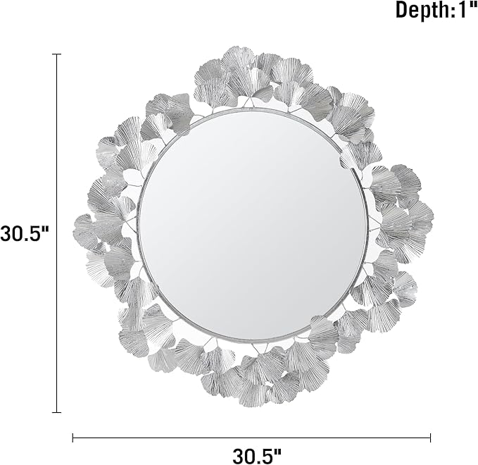 Martha Stewart Wall Décor Large Gingko Leaf Round Wall Mirror for Living Room, Iron Metal Plate Frame Antique Finish, Ready to Hang Bedroom Decoration, Eden, 30.5", Silver