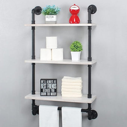 MBQQ Iron Pipe Shelves Industrial Bathroom Shelves with Towel bar,24in Rustic Metal Pipe Floating Shelves Pipe Wall Shelf,3 Tier Industrial Shelf Wall Mounted,Black & White